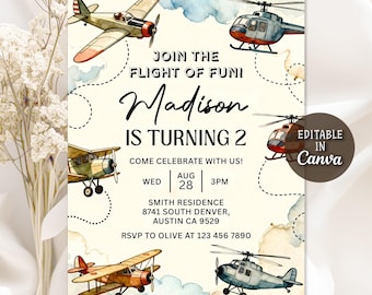 Airplane Birthday Invitation, Time TWO fly, Time TWO Take Off Boy 2nd Birthday, Modern Plane Invitation, Aviation Theme Party Editable Canva