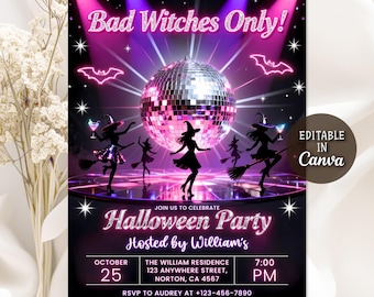 Bad Witches Only Halloween Party Invitation, Pink Halloween Girls Night Party, Ghouls Night Invite, Drink Up Witches Invite, Editable Canva