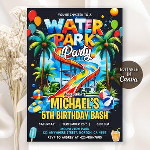 Water Park Birthday Invitation, Waterslide Birthday Party, Water Park Party Invite, Summer Pool Party, Splash Park Party, Editable Canva