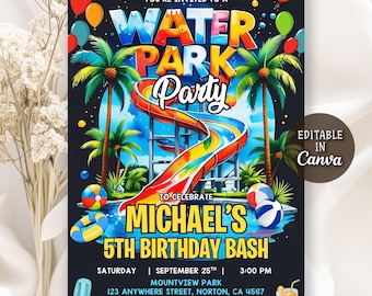 May include: A vibrant invitation for a water park party. The design features a colorful water slide, palm trees, balloons, and beach balls against a dark blue background. Text includes "Water Park Party" and details for Michael's 5th birthday.