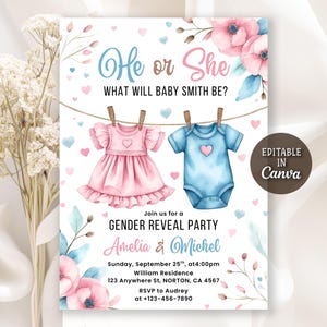 Rosa oder Blau Babykleidung Geschlecht offenbaren Einladung, Überraschungsparty, Wäscheleine Geschlecht offenbaren, er oder sie was wird Baby sein, bearbeitbare Leinwand