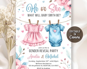 May include: A gender reveal party invitation with watercolor illustrations. The invitation features the text "He or She, What Will Baby Smith Be?" and includes a pink dress and blue onesie hanging on a clothesline. The invitation is editable in Canva.