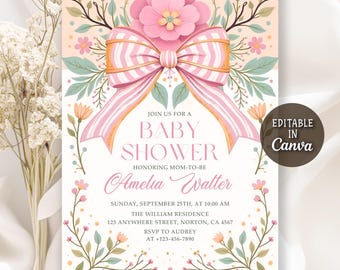 Bloemen babyshoweruitnodiging, lente babyshower uitnodiging, bloemenstrik babymeisje uitnodiging, roze strik bewerkbaar ontwerp, bewerkbare canvassjabloon