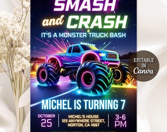 Invito di compleanno a tema Monster Truck, invito di compleanno a tema Monster Jam, festa a tema camion per ragazzi, invito di compleanno a tema Monster Truck al neon, modificabile su Canva