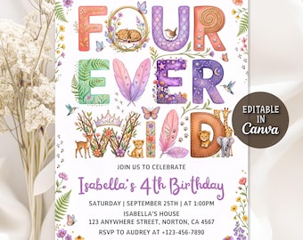 Four Ever Wild Birthday Invitation, Pastel Rainbow Cheetah Print, Jungle Animal Party, 4th Wild Safari Theme Invite, Editable Canva Template