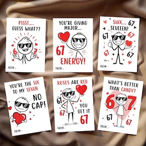 May include: Six white greeting cards with stick figures wearing sunglasses and holding hearts. Each card has a different message about turning 67, with phrases like "Guess What??" and "You're Giving Major Energy!"