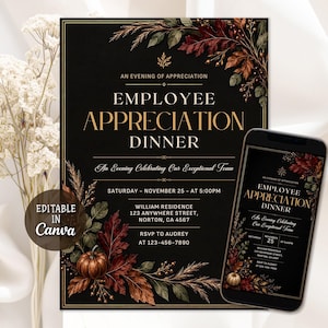 May include: A black invitation card and a smartphone screen displaying an Employee Appreciation Dinner event. The design features gold text, autumn leaves, and a pumpkin. Text includes: An Evening of Appreciation, Employee Appreciation Dinner.