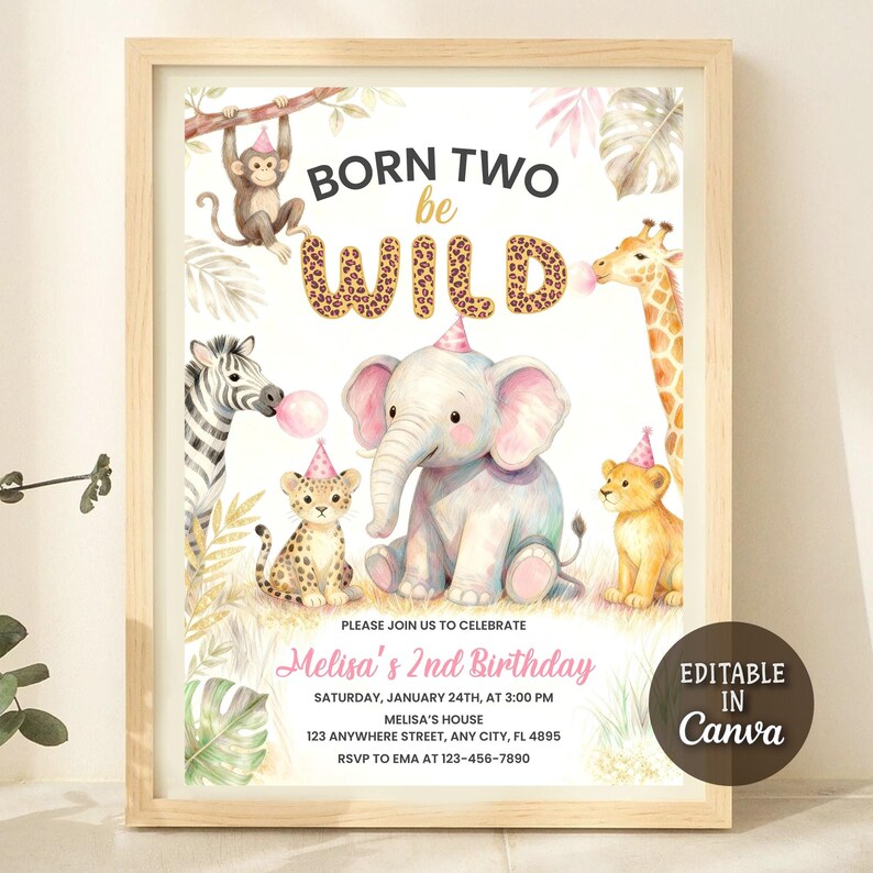 Second Birthday,in Two the Wild,Animals Invitation,Born Two be Wild,2nd Birthday,Leopard Printsafari 2nd birthday,safari birthday,2nd birthday invite,girl 2nd birthday,two wild invitation,girl two wild,two wild invite,two wild birthday,she's two wild,safari invitation,jungle safari,jungle animals,girl invitation,Editable Template,Birthday Invitation,Editable Invitation