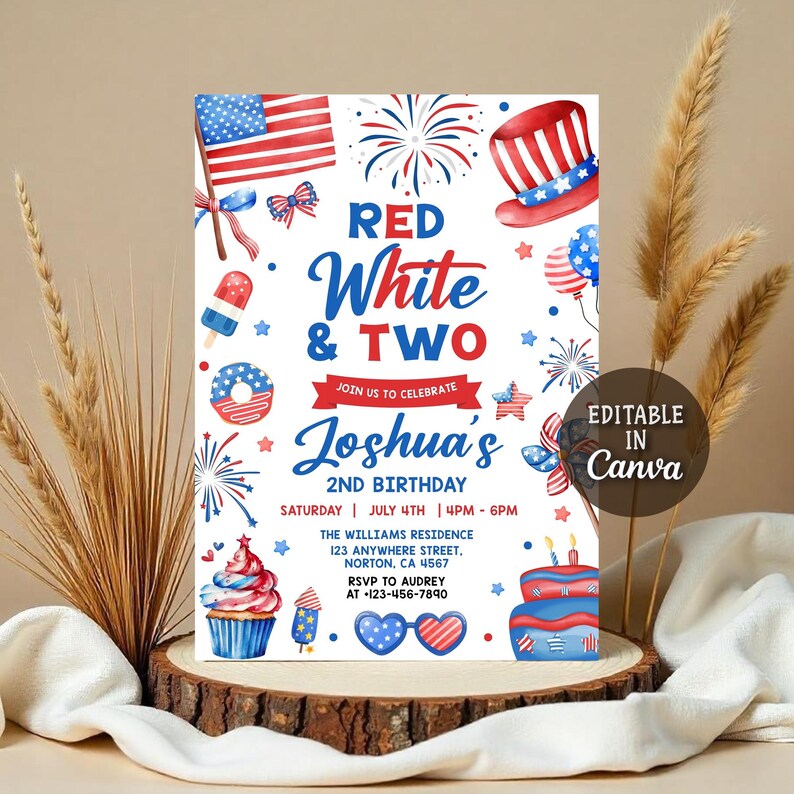 Red White and Two Birthday Invitation, 4th of July 2nd Birthday Party ...