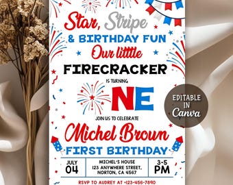 Invitación de cumpleaños del 4 de julio, Invitación de cumpleaños del 4 de julio, Estrellas patrióticas con rayas rojas, blancas y azules, Canva editable