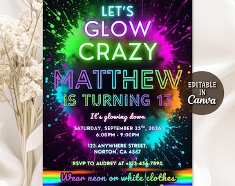 Glow Crazy Geburtstagseinladung, Neon Glow Einladung, Glow Geburtstagsfeier einladen, Neon Lights Glow Kindergeburtstag Vorlage, bearbeitbare Canva