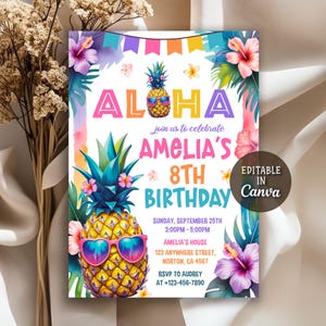 Tropical Birthday Invitation, Hawaiian Pineapple Birthday Invitation, Luau Invitation, Aloha Party Invite, Pineapple Invite, Editable Canva