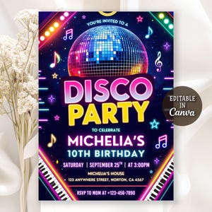Disco Party Birthday Invitation, Disco Ball Birthday Party Invite, Dance Party Invite, Neon Glow Party, 80s Party, Editable Canva Template