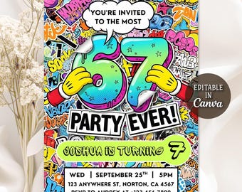 Six Seven Birthday Invitation, 67 Meme Birthday, I was 6 now I'm 7 Party Invite, Six Seven Graffiti Kids Birthday Invitation, Editable Canva