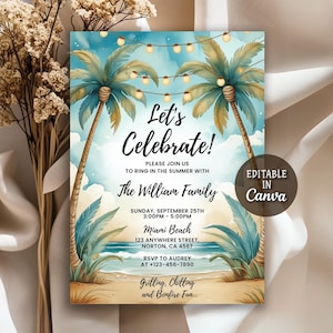 Puede incluir: Una invitación estilo acuarela con palmeras, playa y océano. El texto dice "Let's Celebrate!" e incluye detalles del evento para The William Family, Miami Beach e información de RSVP. Editable en Canva.