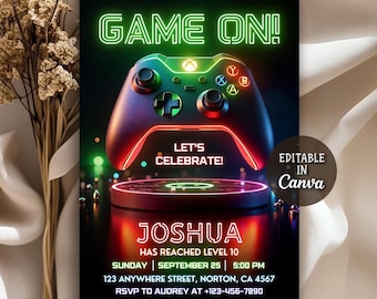 Video Game Birthday Invitation, Arcade Party Invitation, Level Up Birthday Invite, Neon Glow Invite, Gamer Boy Template, Editable Canva