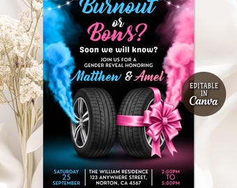 Könnte beinhalten: Eine Gender-Reveal-Einladung mit schwarzem Hintergrund, die zwei Reifen zeigt, die mit einem rosa Band zusammengebunden sind. Blauer und rosa Rauch steigt um die Reifen auf. Der Text enthält "Burnout or Bons?" und Veranstaltungsdetails für Matthew & Amel.