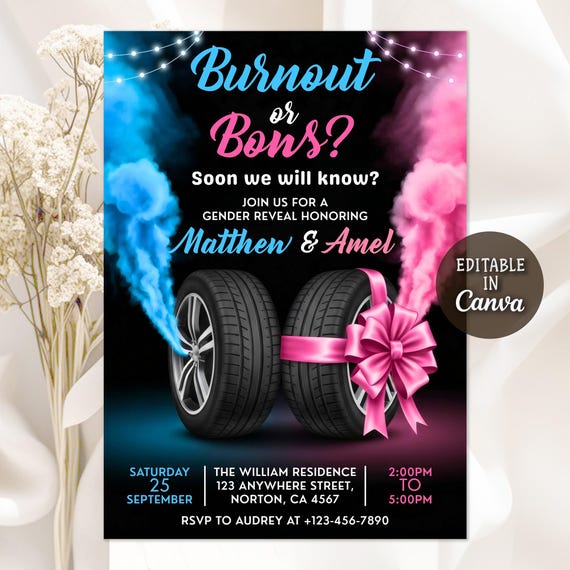 Burnouts or Bows Gender Reveal Invitation, He or She Gender Reveal, Boy or Girl, Smoke Gender Reveal, Burnouts or Bows Invite,Editable Canva