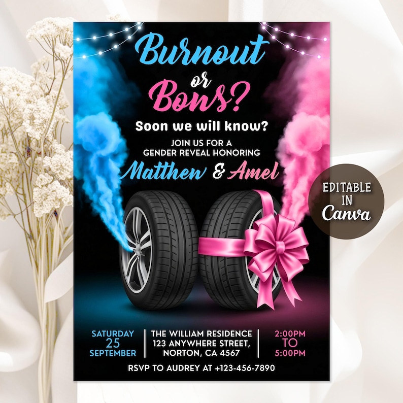 burnouts baby shower,Smoke Gender Reveal,gender reveal invite,Boy or Girl invite,he or she,He or She invite,he or she invitation,Pink or Blue invite,burnouts bows party,burnouts or bows,burnouts bows invite,gender reveal party,gender reveal,Editable Template,Birthday Invitation,Editable Invitation