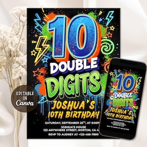 Könnte beinhalten: Eine schwarze Geburtstagseinladung mit dem Text "10 Double Digits Joshua's 10th Birthday" in Neonfarben. Ein Smartphone zeigt das gleiche Design. Die Einladung enthält Veranstaltungsdetails und RSVP-Informationen.
