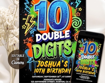 Invitación de grafiti para décimo cumpleaños con doble dígito, invitación de cumpleaños con doble dígito, invitación de cumpleaños con brillo neón, Canva editable