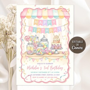 May include: A pastel-colored birthday invitation with a candy theme. The design features a banner that reads "Happy Birthday," jars of candy, a cake, and the text "Michelia's 3rd Birthday." The invitation is editable in Canva.