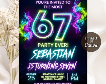 Six Seven Birthday Invitation, 67 Meme Birthday, I was 6 now I'm 7 Party Invite, Six Seven Neon Kids Birthday Invitation,  Editable Canva
