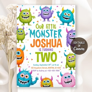 May include: A colorful birthday invitation featuring cartoon monsters in various colors. The text reads "Our little Monster Joshua is turning Two." Includes date, time, and RSVP information. The design is editable in Canva.