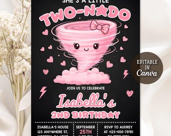 Twonado Birthday Invitation, She's A Little Twonado Invitation, Two Year Old Girl Birthday Invite, Pink Tornado Party Invite, Editable Canva