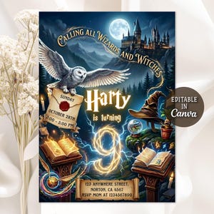 May include: A birthday invitation card featuring a snowy owl, a castle, a sorting hat, and open books. The text reads: Calling all wizards and witches, Harty is turning 9, Sunday October 28th, 3:00-5:00 PM, 123 Anywhere Street, Norton, CA 4567, RSVP Mom.