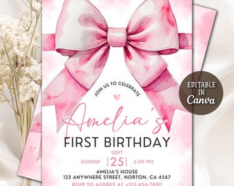 Pink Bow Birthday Invitation, Pink Girl Ribbon Birthday Invitation, Girl Pink Birthday Invite, Coquette Pink Bow Invitation, Editable Canva