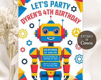 Roboter-Geburtstags-Einladung, Roboter-Party einladen, Junge Geburtstags-Roboter einladen, 4. Geburtstags-Party Einladung, Roboter-Party-Ideen, bearbeitbare Canva