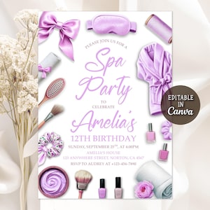 May include: A spa party invitation with a white background and lavender accents. The invitation includes a bow, eye mask, robe, nail polish, and other spa-related items. Text reads "Spa Party" and "Amelia's 12th Birthday".