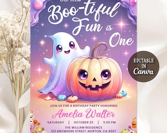 Boo-tiful Fun is One Halloween Birthday Party Invitation, Cute Purple Ghost 1st Birthday, Spooky One Halloween, 1st Boo Day, Editable Canva