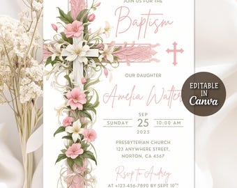 Floral Baptism Invitation, Elegant Dusty Pink Template, Pink Wildflower Baptism Invite, Girls Baptism Invitation, Editable Canva Template