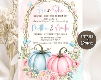 May include: A gender reveal party invitation featuring a blue and pink pumpkin design. The invitation includes the text "He or She, What Will Our Little Pumpkin Be?" and details for the event, including the names Matthew & Amelia, date, time, and location.