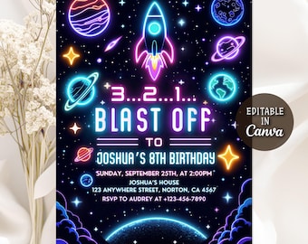 Neon Space Birthday Party Invitation, Galaxy Party Invitation, Astronaut Outer Space Birthday Invite, Space Rocket Planets, Editable Canva