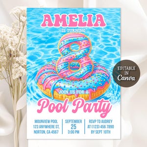 8th Birthday Pool Party Invitation, Pool Party Birthday Invitation, Sweet Ice Cream Donut Float, Kids Summer Any Age Editable Canva Template
