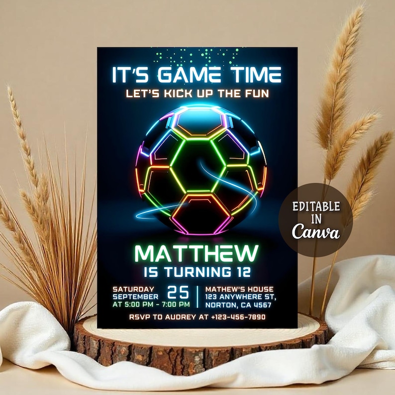 1st birthday footbal,bday invite template,sports theme invite,its game time,teen invitation,Neon Invitation,sport invite,sport invitation,football evite,soccer evite,soccer invite,futbol invite,futbol invitation