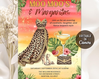 Moo Moos and Margaritas Invitation, Glam Party Bachelorette Invite, Ladies Night Invitation, Leopard Pajama Girls Day Invite, Editable Canva