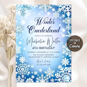 May include: A blue and white invitation with a winter theme. The text reads "Winter Onederland" and announces a 4th birthday celebration. The design includes snowflakes and the words "Editable in Canva."