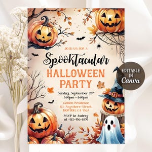 May include: A Halloween party invitation with orange pumpkins, bats, and fall leaves. The invitation reads "Spooktacular Halloween Party" with event details. The design includes a pumpkin wearing a witch hat and a friendly ghost.