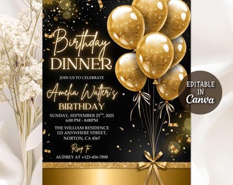 Digital Birthday Dinner Invitation, Dinner Invitation, Black Tie Glam Invite, Black Golden Diamond Evite For Men & Women, Editable Canva