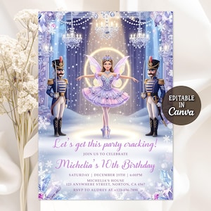 Könnte beinhalten: Eine Einladungskarte mit einer Ballerina in einem lila Tutu, umgeben von Spielzeugsoldaten. Der Text lautet "Let's get this party cracking!" und Details für eine 10. Geburtstagsfeier. Bearbeitbar in Canva.