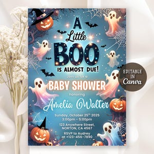 May include: A baby shower invitation with a Halloween theme. The invitation features the text "A Little BOO Is Almost Due!" with ghosts, bats, and pumpkins. The invitation is for Amelia Walter, with date, time, and location details.