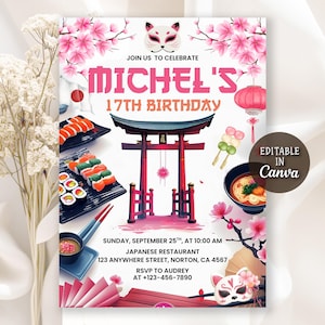 Japanese Themed Birthday Invitation, Hibachi Dinner Birthday Invitation, Sushi Birthday, Asian Cherry Blossoms, Asian Themed, Editable Canva