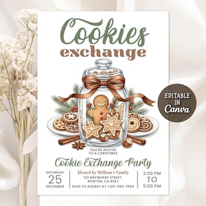 May include: A Christmas cookie exchange party invitation. The design features a glass jar filled with gingerbread cookies, a brown ribbon, and the text "Cookies exchange". The invitation includes event details and is editable in Canva.