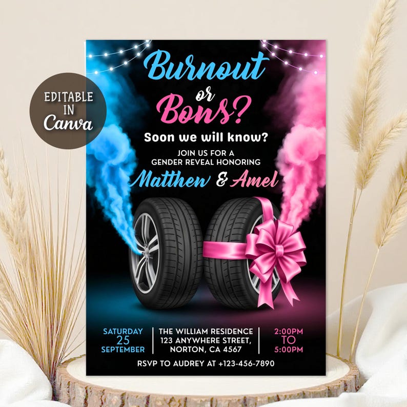 burnouts baby shower,Smoke Gender Reveal,gender reveal invite,Boy or Girl invite,he or she,He or She invite,he or she invitation,Pink or Blue invite,burnouts bows party,burnouts or bows,burnouts bows invite,gender reveal party,gender reveal,Editable Template,Birthday Invitation,Editable Invitation