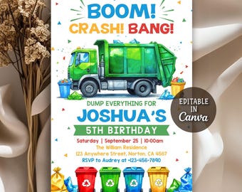 Garbage Truck Birthday Invitation, Dump Everything Trash Truck Birthday Invite, Recycling Party, Dump Truck Party, Editable Canva Template