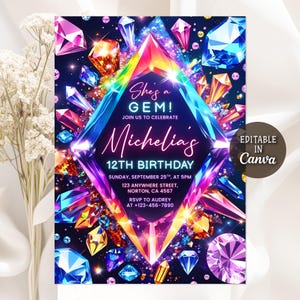 May include: A colourful birthday invitation with a diamond-shaped centrepiece. The text reads "She's a GEM!" and "Michelias 12th Birthday." The design incorporates illustrations of various gemstones and event details.